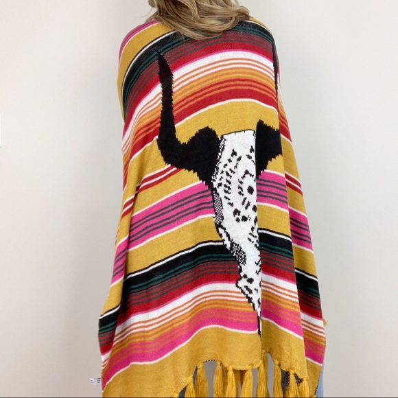 Boho Bull Skull Serape Stripe Poncho Mustard Pink - Picture 8 of 8